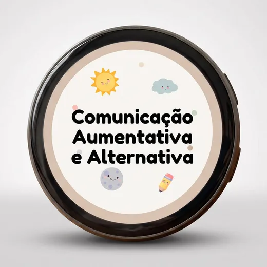 E-Badge redondo com o ecrã Comunicação Aumentativa e Alternativa